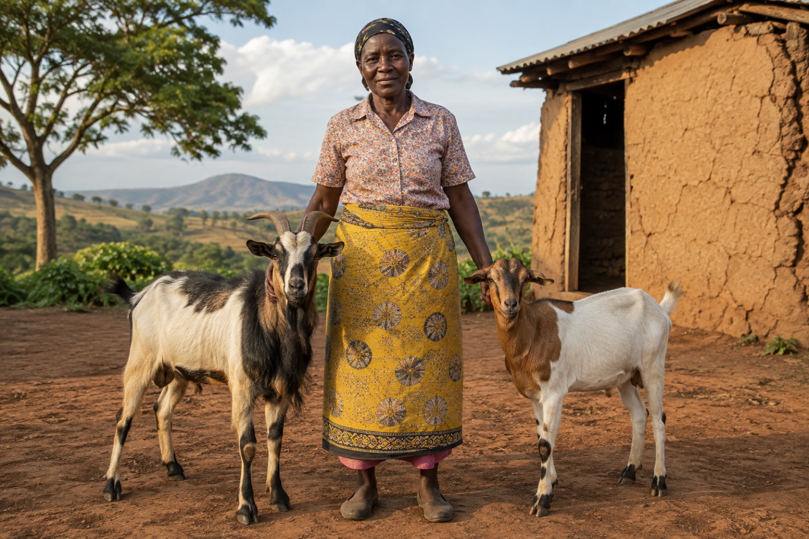 A Kenyan widow standing with two goats at her homestead